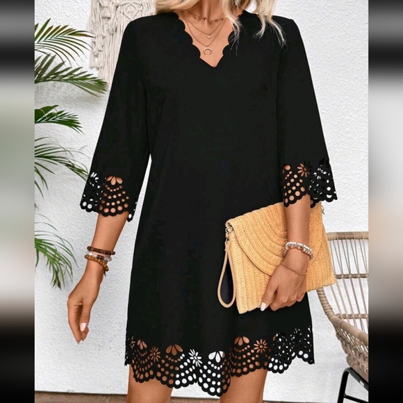 Women Summer Hollow Out A-Line Dress With Arc-Shaped V-Neck, Loose Fit And Elega - Picture 4 of 4